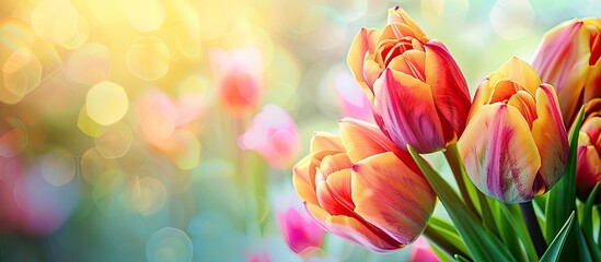 Beautiful tulip flowers on a spring floral background perfect for holiday design, with ample copy space image.