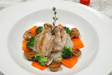 Grilled Quail Game Bird With Mushrooms and Vegetables Dinner