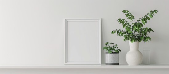 Living room mantelpiece with a houseplant and a frame offering copy space image.