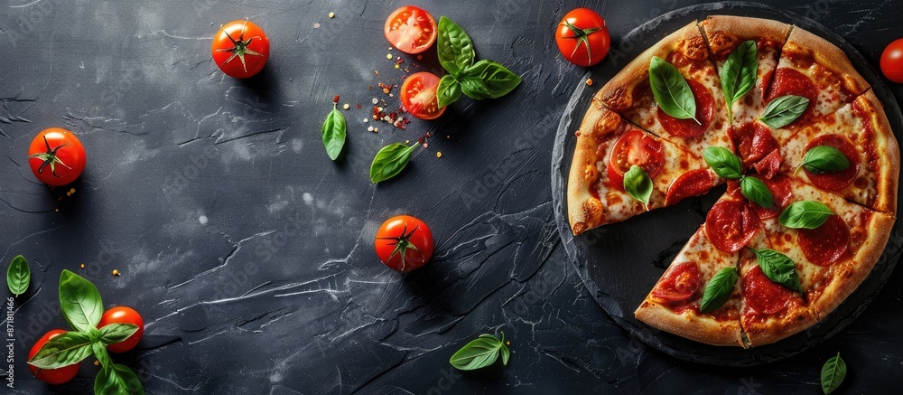 Poster an appetizing pizza with a captivating taste and appearance is displayed in the copy space image.