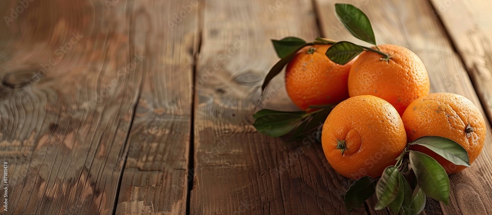 Poster orange fruit displayed on a wooden table with available copy space image.