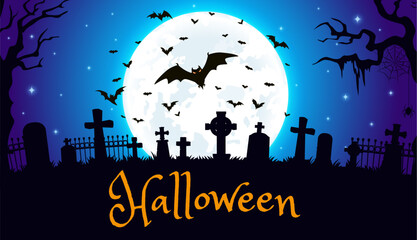 Halloween cemetery silhouette, vector banner. Night twilight graveyard landscape with black crooked trees, crosses, tombs, and scary flying bats on full moon background. Cartoon spooky greeting card