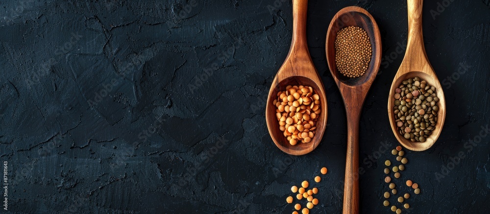 Poster image of three wooden spoons holding lentils set on a black background with space for text, photogra