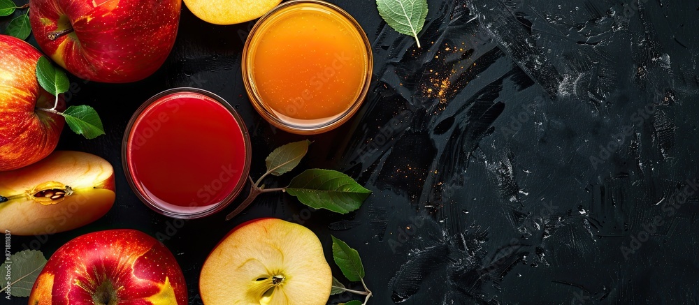 Poster close-up of two glasses with different fruit juices on a black backdrop, surrounded by slices of rip