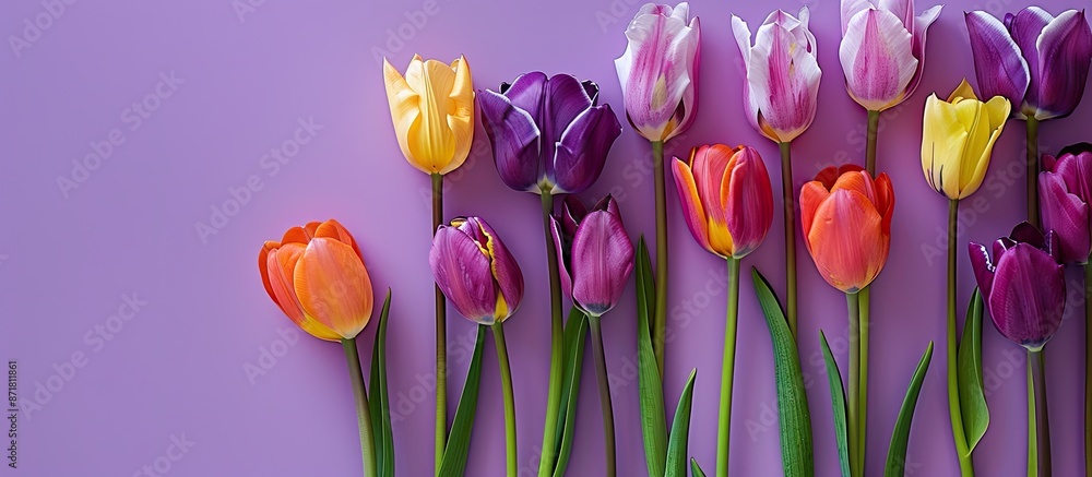 Poster lilac background with vibrant tulips creating a copy space image.