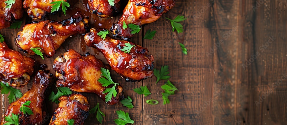Poster savory chicken coated with soy sauce presented on a wooden surface in a top-down perspective, provid