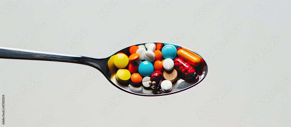 Poster colorful pills on a spoon against a white backdrop with room for text, including medicine in various