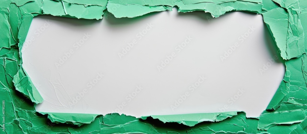 Poster green paper frame surrounding torn paper on a white background with a blank area for text. ideal for