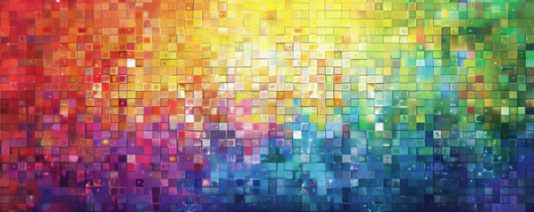 A rainbow mosaic pixel background with distinct, vibrant colors arranged in a gradient. The pixelated design highlights the spectrum of colors in a bright and cheerful pattern.