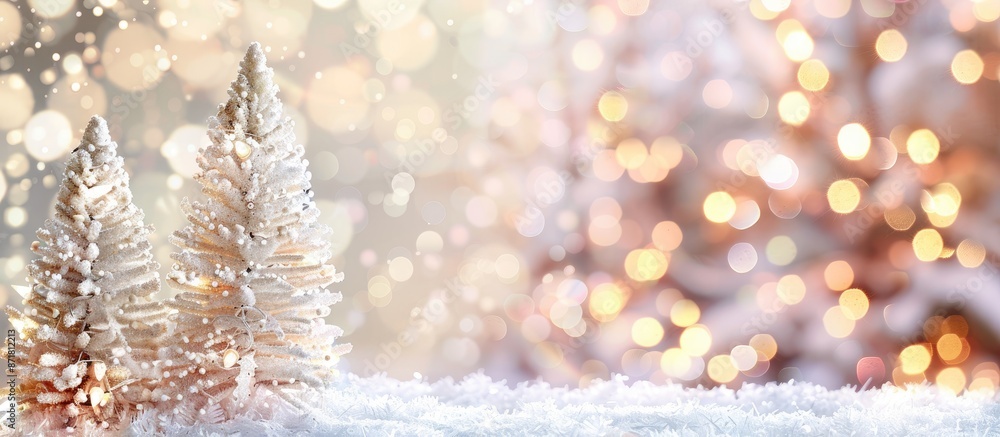 Poster festive white christmas trees adorned with beautiful lighting against a blurred bokeh background for