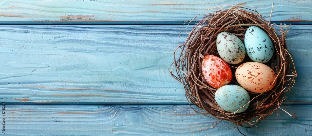 Poster easter card featuring painted eggs in a nest on a blue wooden backdrop with room for a message in th