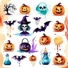 Halloween icons set in water color style. light background