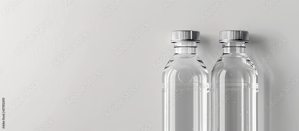 Poster two clear plastic bottles with liquid and silver caps, positioned upright and on their side, are dis
