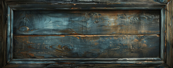 A wide wooden picture frame with a distressed, painted finish, set on a dark, knotty wooden background. The interplay of textures and colors creates a visually rich and layered composition.