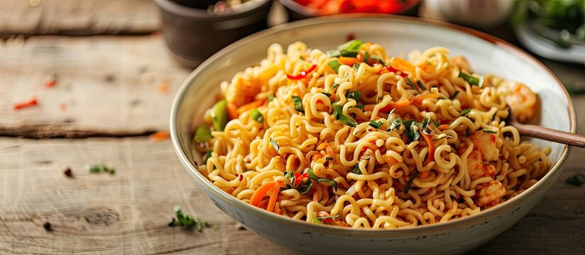 Fork up some delicious Indomie Goreng noodles for a meal with a copy space image.