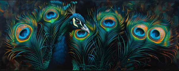 An artistic arrangement of peacock feathers with their iridescent blue and green eyespots, set against a dark background. The rich colors and intricate details create a captivating scene.