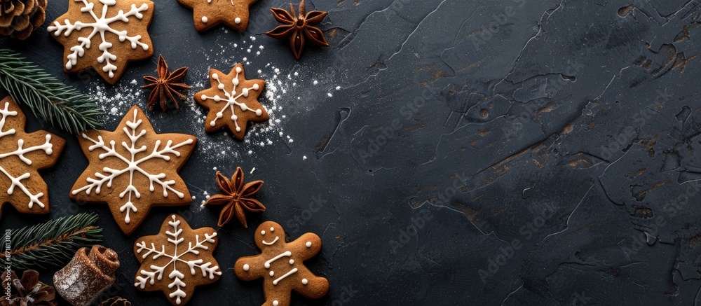 Poster top view of christmas gingerbread cookies and decorations on a dark slate background with copy space