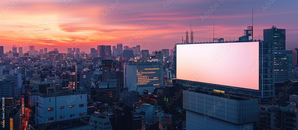 Aufkleber a cityscape at twilight is superimposed on a blank billboard, creating a striking copy space image.