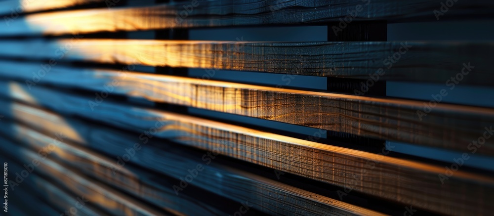 Aufkleber close-up image of a wooden slat wall with a textured surface under a soft blue light, ideal for addi