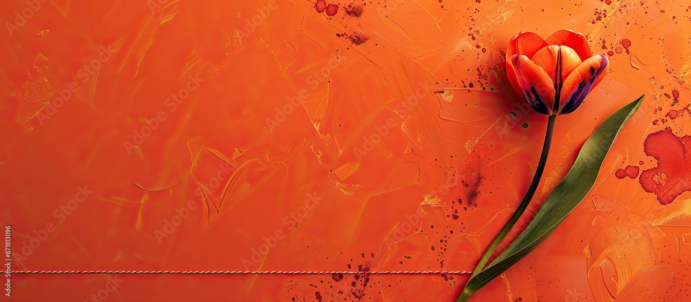 Poster a tulip flower on an orange backdrop, with a floral banner below and space for text on the image. co