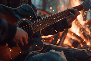 Fototapeta premium a person playing an acoustic guitar in front of a fire