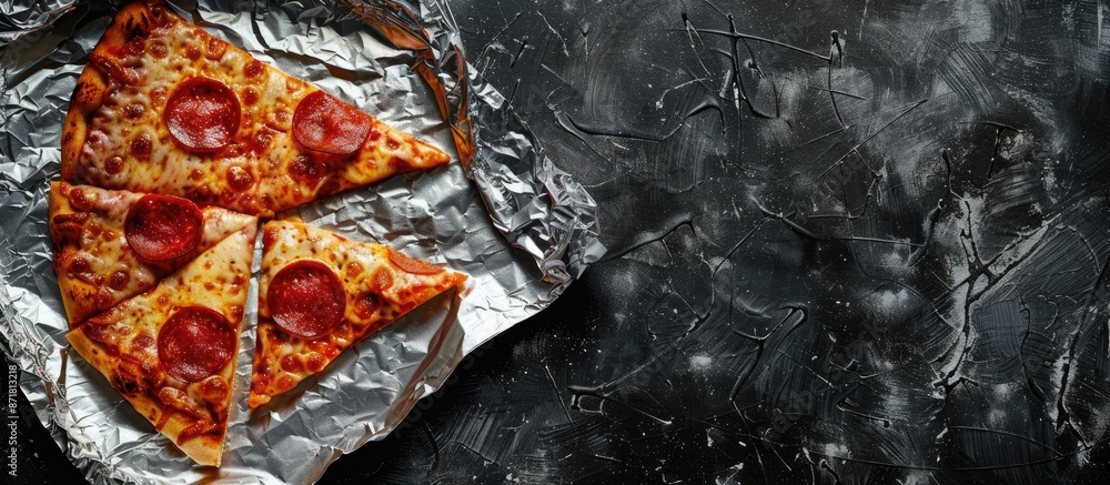 Poster an image cat lover.leftover pizza slice on tinfoil with scattered pepperoni.background with ample co
