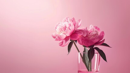 Minimalistic pink peony in glass with empty space