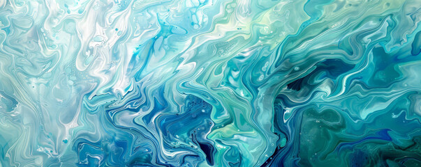 Liquid acrylic paint in soft pastel tones of blue and green, forming a delicate, swirling texture. The cool colors merge and separate, creating intricate patterns and subtle contrasts.