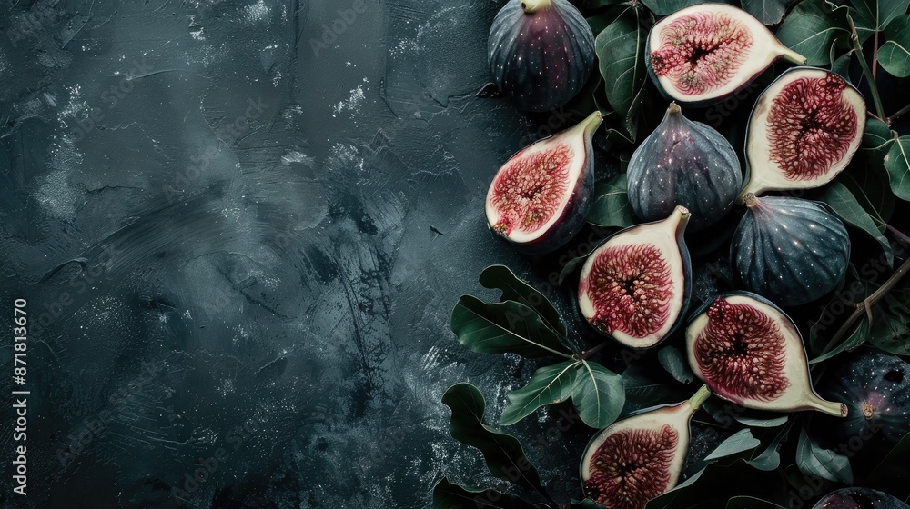 Poster fresh figs with bones on dark background low key set up for text placement