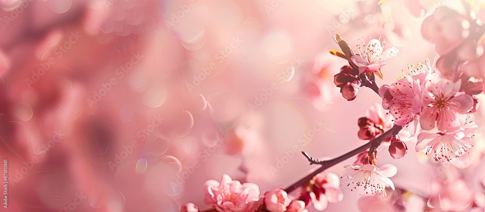 Poster blooming apricot branch in lower right corner, creating an abstract background with ample copy space