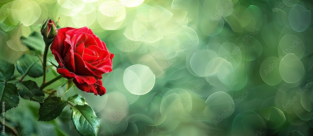 Poster selective focus on a green background frames a delicate red rose, perfect for a greeting card banner