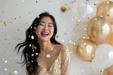 An Asian woman in a sparkling gold dress is surrounded by white and gold balloons and confetti, radiating joy and happiness in a festive studio setting
