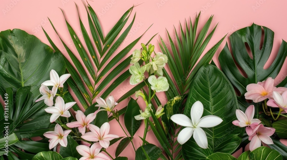 Sticker tropical summer arrangement with green leaves and white flowers on pink backdrop