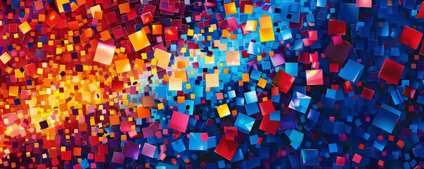 A vibrant mosaic pixel background with contrasting colors like red, blue, and yellow. The bold hues and pixel arrangement create a dynamic and eye-catching design.