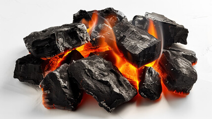 charcoal isolated on white background, fire with red-hot coal, glowing charcoal, and warm orange flames, for add fireplace Decorate a barbecue or retouch food photos graphic resources