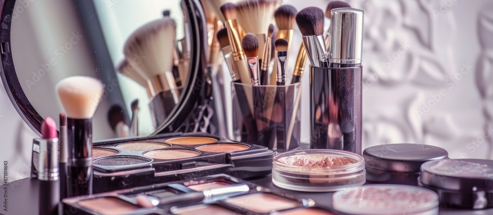 Poster a table neatly arranged with makeup products, a mirror, and a light wall in the background, providin
