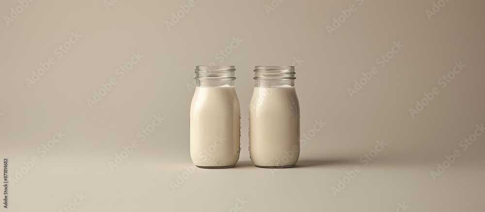 Poster flat lay composition featuring two jars filled with fresh milk set against a neutral gray backdrop w