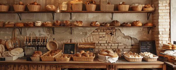 Obraz premium A vintage-style bakery interior with exposed brick walls and wooden shelves lined with an assortment of freshly baked bread. The scene evokes a sense of nostalgia and authenticity, with rustic bread