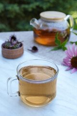 Herbal tea in a glass cup, teapot, fresh and dried flowers of echinacea on a marble background. Side view.