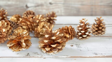 Christmas decor of gilded pine cones on white wooden table - Powered by Adobe