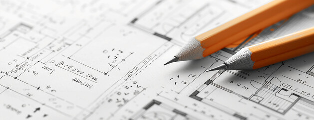 detailed closeup wide horizontal photo of yellow color drawing pencils on a architectural layout plan blueprint drawing on a table 