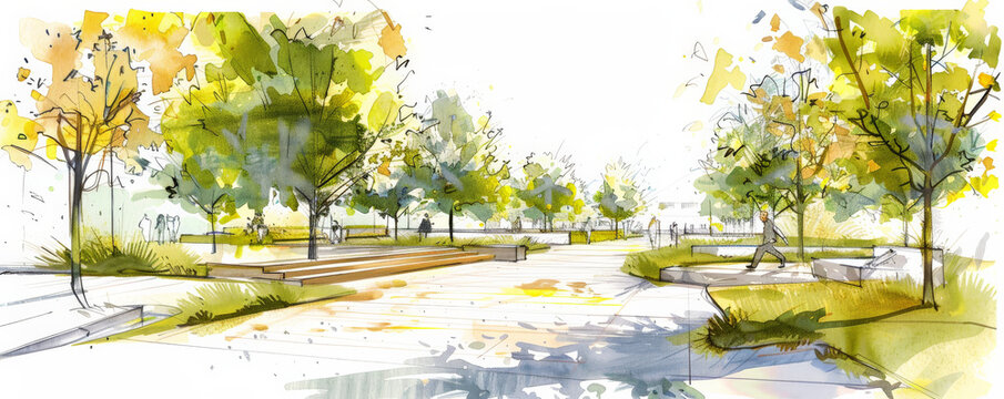 An architectural sketch of a modern urban park, with open green spaces, walking paths, and contemporary design elements. The white background emphasizes the blend of nature and urban living.