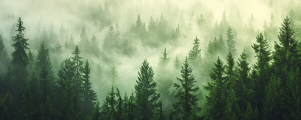 A tranquil forest scene with tall, green trees shrouded in a dense fog. The mist adds a mystical quality to the landscape, with the trees appearing to fade into the background.