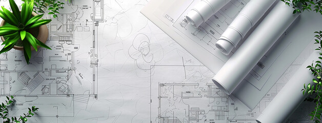 a wide angled horizontal flat lay closeup photo of an architectural blueprint drawings and drawing roles on a table