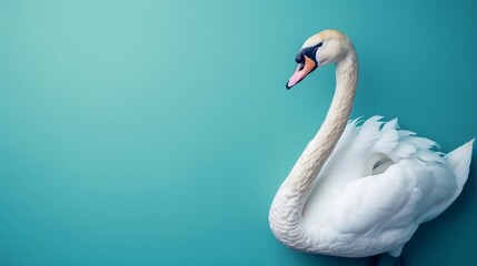 Fototapeta premium Un bellissimo cigno su uno sfondo turchese a tinta unita, con ampio spazio sopra per il testo.