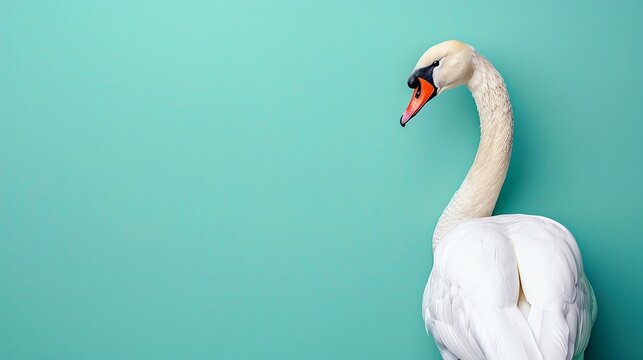 Un bellissimo cigno su uno sfondo turchese a tinta unita, con ampio spazio sopra per il testo.