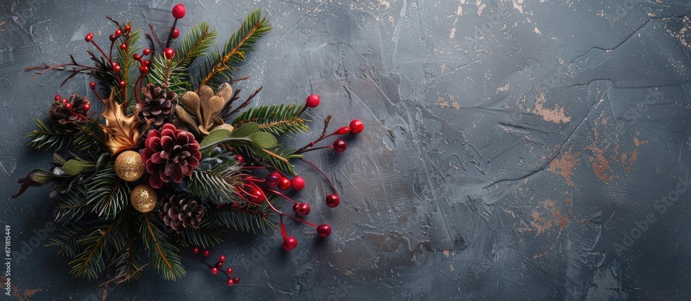 Poster a festive holiday arrangement from above on a gray cement background with room for text in the pictu