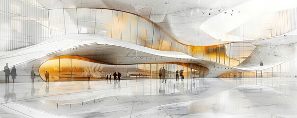 An architectural sketch of a contemporary art gallery, with dynamic forms, open spaces, and innovative materials. The white background emphasizes the bold and creative design.