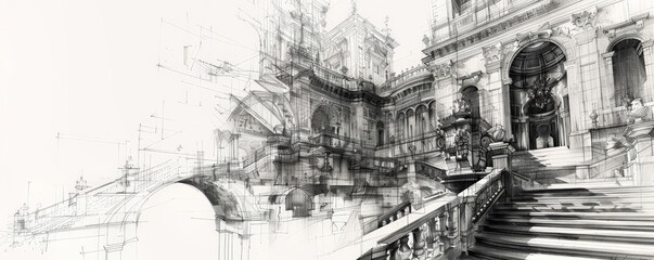 Obraz premium An architectural sketch of a Baroque palace, with grand staircases, ornate facades, and intricate interior designs. The white background highlights the opulence and complexity of the architecture.