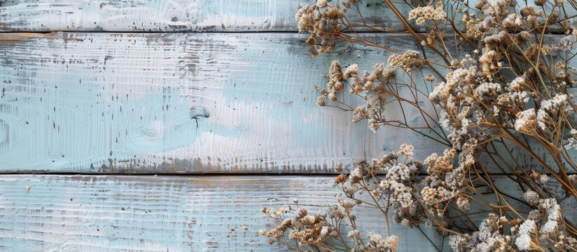 Bird's-eye view of a stunning flat lay on a rustic white and blue wooden backdrop adorned with dry yipso flowers, providing an area for text or message alongside the image. Copy space image